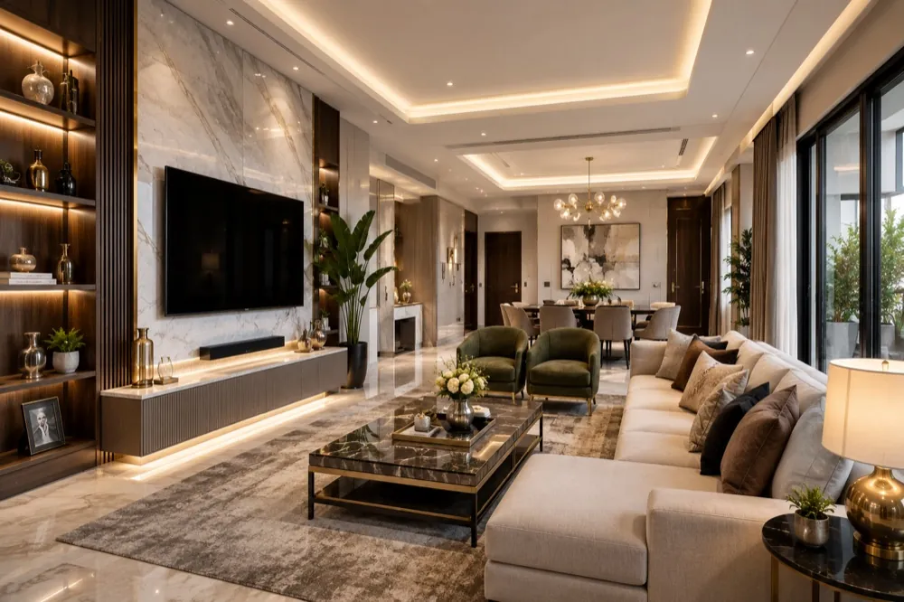 Luxury living room interior with custom furnishings by The Omega Group